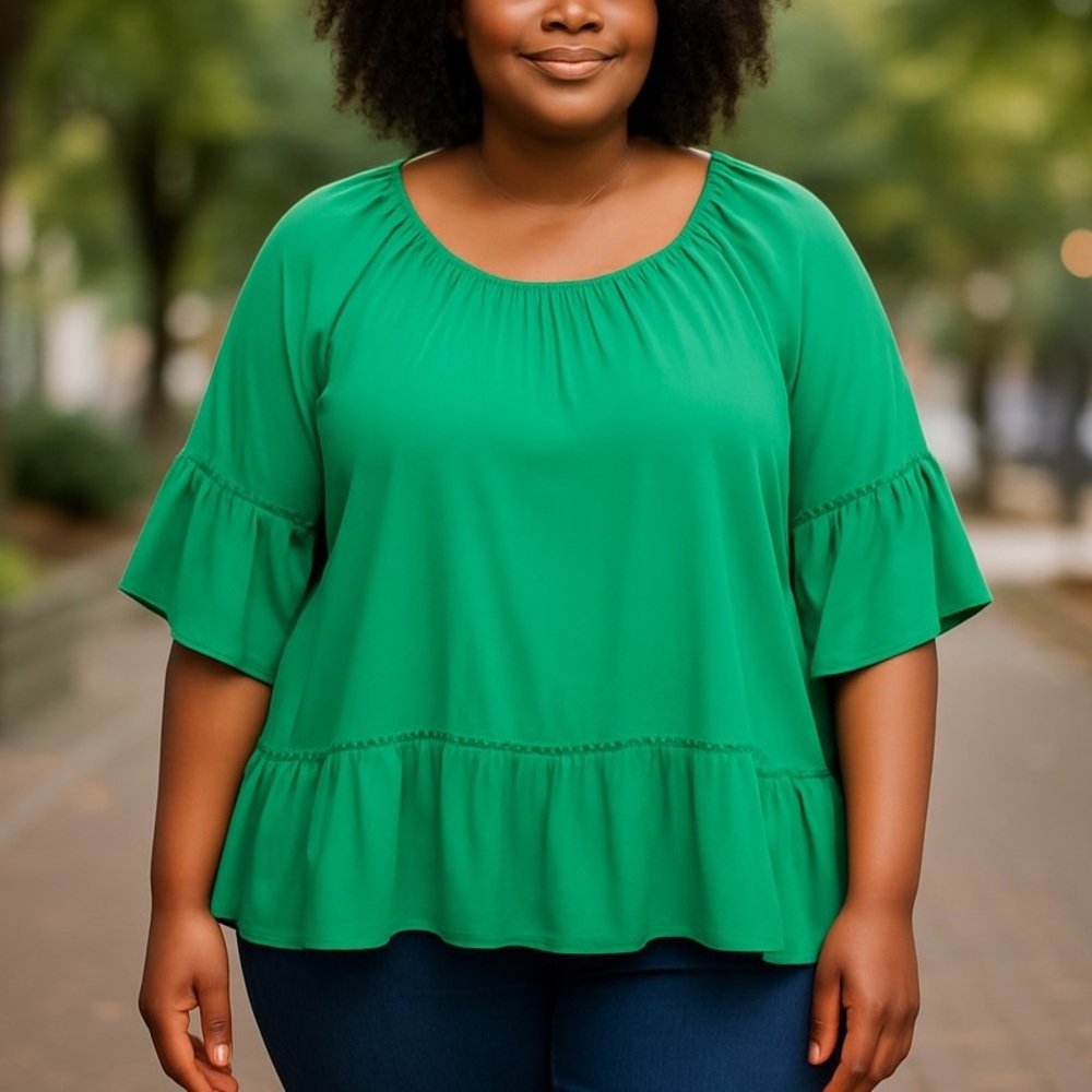 New Direction Curvy Emerald Green Chiffon Ruffle Hem Tunic Blouse Plus Size 2X